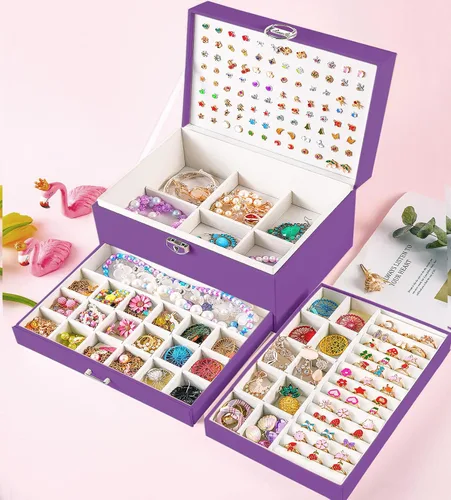 Miniatura 39 de Joyero de pendientes para mujeres y niñas, organizador de aretes de 5 capas, caja organizadora de joyas blanca con candado, collares y aretes