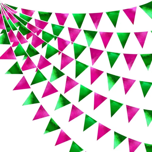 Miniatura 73 de Decoración de fiesta iridiscente de 33 pies, tela holográfica, banderín triangular, banderín de algodón, guirnalda de banderines para cumpleaños