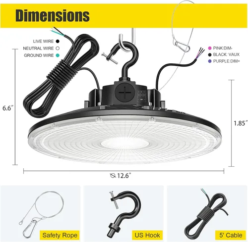 Miniatura 6 de BBESTLED Luz LED UFO de 480 V de alta bahía – 150 W/100 W/80 W de potencia ajustable, 22500 lm 5000 K ultra brillante, 0-10 V regulable, iluminación