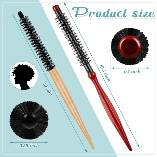 Miniatura 2 de 2 piezas de cepillo pequeño redondo para el cabello, mini cepillo redondo de madera, cepillo Quiff, peines de pelo de cerdas de nailon para vestir