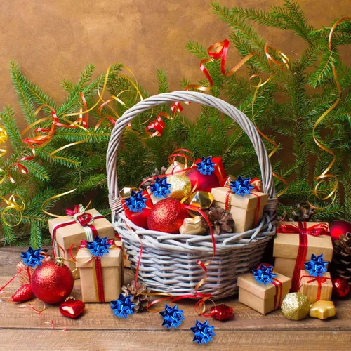 Miniatura 4 de Iceyyyy 100 mini lazos de regalo de estrella metálica azul de 1 pulgada, pequeños lazos adhesivos para decoración de fiestas de Navidad, decoración