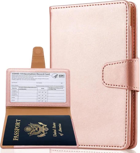 Teskyer Combo de soporte para pasaporte y tarjetero de vacunación, apto para tarjeta de vacunación de 4 x 3, funda de cuero para pasaporte con