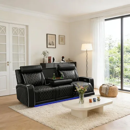 Miniatura 11 de Juego de sofá reclinable de cuero eléctrico con LED, juego de sala de estar de cuero, juego de sofá reclinable con puerto USB/soporte