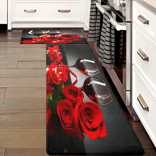 Miniatura 6 de Juego de 2 alfombras y tapetes de cocina de vino tinto, diseño de rosas modernas, antifatiga, antideslizantes, lavables, para cocina, fregadero