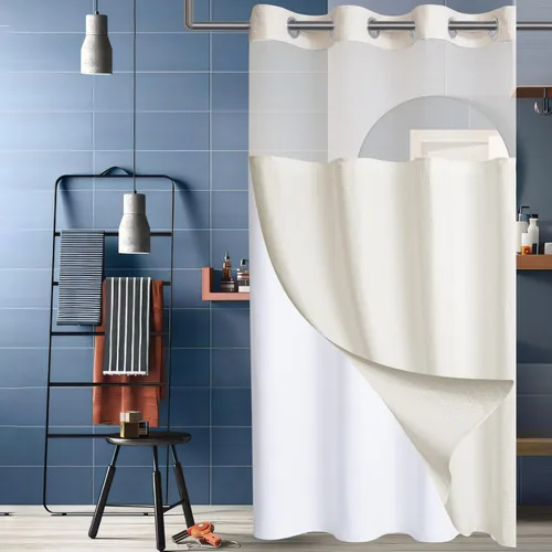 Miniatura 22 de Conbo Mio Cortina de ducha sin ganchos de tela de gofre con forro extraíble, lujosa para hotel, azul oscuro, para baño con ventana transparente