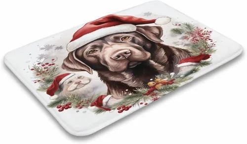 Miniatura 4 de Tapete de baño con diseño de Papá Noel para perro, diseño de acuarela, color chocolate, tapete de espuma antideslizante, tapete de felpa