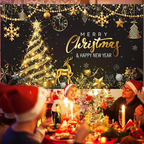 Miniatura 4 de Tiamon Telón de Fondo Banner de Fiesta Feliz Navidad para Decoración de Fiesta de Navidad y Año Nuevo (Azul Dorado, 72.8 x 43.3 Pulgadas)