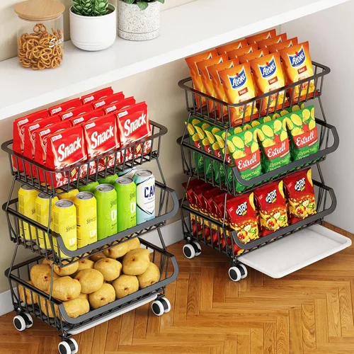 Carrito de despensa rodante de 3 niveles con ruedas, organizador de piso de almacenamiento de alambre apilable para estantes de cocina, despensa,