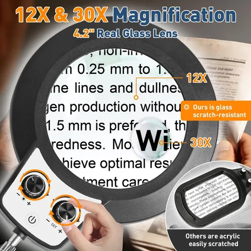 Miniatura 3 de KIRKAS Lámpara de pie con aumento 12X con base para esteticistas de 2,200 lúmenes, lente de cristal iluminada, soporte ajustable y brazo giratorio