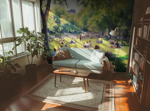 AMUGISH Papel pintado de pared impresionista con escena de parque, pintura vibrante de picnic en el parque, despegar y pegar, decoración de pared