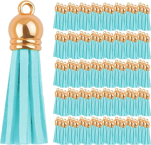 Miniatura 124 de Mandala Crafts 100 borlas de gamuza sintética color aguamarina con tapa dorada, suministros para hacer llaveros a granel, pequeñas borlas de cuero
