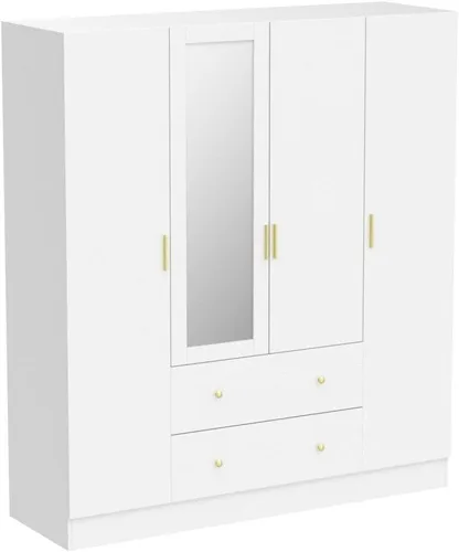 Miniatura 5 de ECACAD Armario con espejo, estantes de 5 niveles, 2 cajones, 2 varillas para colgar y 4 puertas, armario de almacenamiento de madera para Blanco