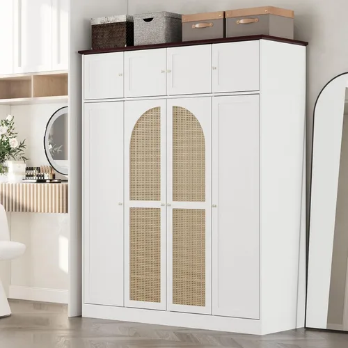 Miniatura 10 de Armario grande de 4 puertas con puertas de ratán, armario de madera independiente de 70.87 pulgadas de alto con barra para colgar y estantes