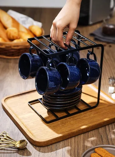 Miniatura 3 de vicrays Juego de Tazas de Café Espresso de Cerámica de 4 oz Tazas de Espresso de Porcelana con Platillos Cucharas y Soporte de Metal para Té Café