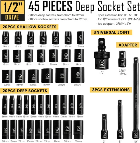 Miniatura 2 de BOEN Juego de 64 llaves de impacto SAE y métricas de 1/2 pulgada, revestimiento de fosfato negro, diseño de 6 puntos, cumple con las normas ANSI
