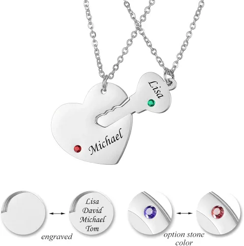 Miniatura 3 de Valyria - Juego de collar de acero inoxidable con piedras de nacimiento y diseño de llave, corazón y rompecabezas, hecho a medida con cualquier