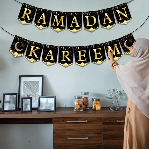 Miniatura 6 de Cartel de Ramadán Mubarak para decoración de fiesta, linterna de luna negra dorada y negra, banderines colgantes de Ramadán Kareem, suministros