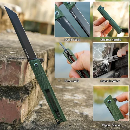 Miniatura 3 de Cuchillo plegable de bolsillo Flipper, hoja de acero DC53 y mango G10. Con clip de bolsillo y rompevidrios, cuchillo de bolsillo para hombres, Verde