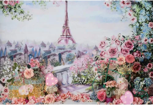 Telón de fondo de torre Eiffel de 5 x 3 pies para fotografía, flores rosadas, paisaje de París, decoración de boda, aniversario, fiesta, accesorios