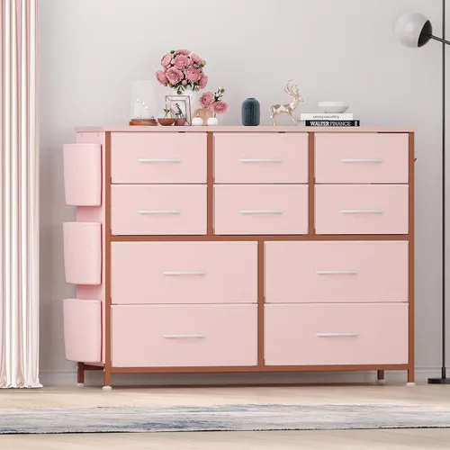 Miniatura 8 de Jojoka Cómoda para dormitorio, cajón de almacenamiento de tela con 10 cajones, aparadores y cómoda con bolsillos laterales, ganchos, mesa de madera