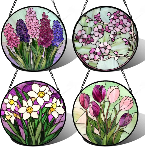 Miniatura 8 de Juego de 4 piezas para colgar vidrieras, rosas rojas, girasoles amarillos, 6.3 pulgadas, atrapasoles de flores, puerta de jardín, decoración