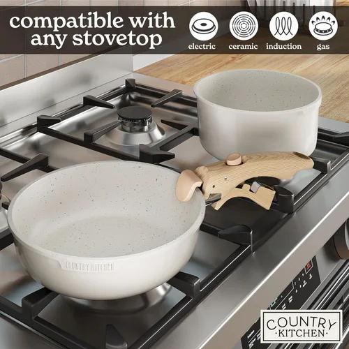 Miniatura 6 de Country Kitchen Juego de utensilios de cocina con mango extraíble, juego de ollas y sartenes aptas para horno y caravana, mango de madera moteada