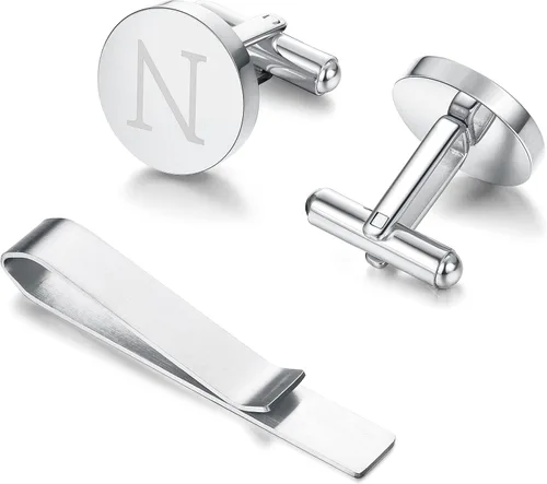 Miniatura 4 de Diamday Cuff Links and Tie Clips Set Personalized Cufflinks for Men Silver Gold Initial Cufflinks Men's Link Shirt Studs Tie Letter Tie Clips and