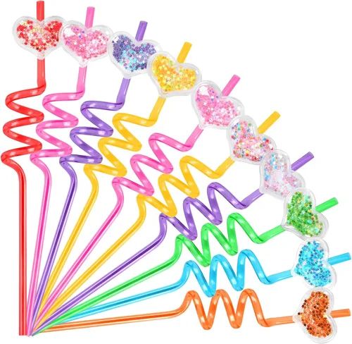 JANYUN Pajitas, 20 popotes de plástico reutilizables con forma de corazón, regalos para fiestas, popotes con purpurina, regalos para niños, premios