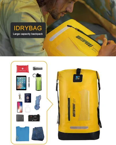 Miniatura 6 de IDRYBAG Mochila impermeable para hombres 5.28/7.93/10.57 galones, saco seco flotante para kayak, mochila seca para senderismo Amarillo