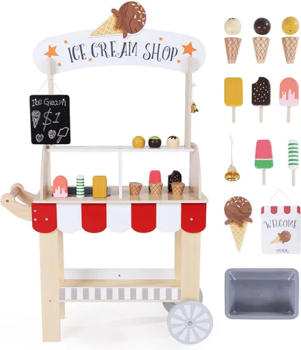 Labebe Carrito de Helados de Madera para Niños, Camión de Helados para Niños Pequeños con Tirador, Juego de Simulación con Pizarra, Campanilla,