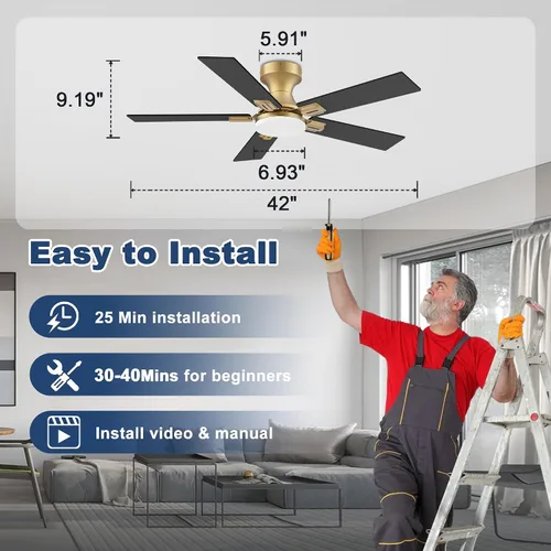 Miniatura 4 de Ventilador de techo inteligente de perfil bajo de 42 pulgadas con luces y control remoto, motor DC silencioso, control de voz WiFi a través de Oro