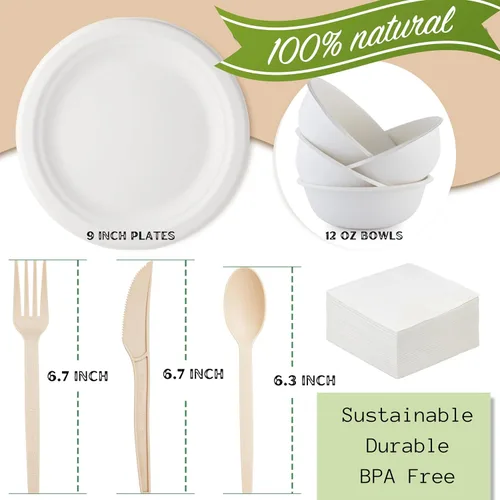 Miniatura 4 de Juego de 300 platos de papel compostables – Platos biodegradables resistentes, cuencos y cubiertos – Ideal para fiestas, bodas, pícnics, camping