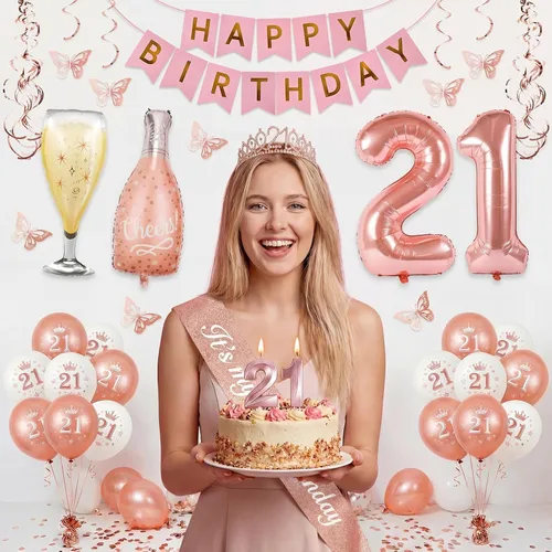 Miniatura 9 de Decoraciones de cumpleaños número 21 para ella: banda de oro rosa, corona, adorno de pastel, velas digitales, juego de globos, tarjeta de cumpleaños