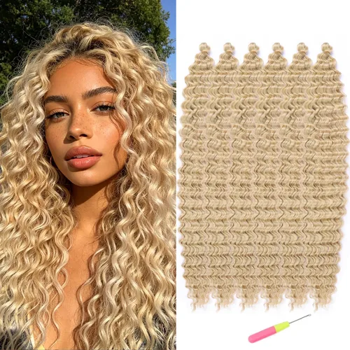 Miniatura 32 de MAYSA Extensiones de cabello sintético de ganchillo con ondas oceánicas, color 4 marrón, 22 pulgadas, rizado trenzado, extensiones de cabello