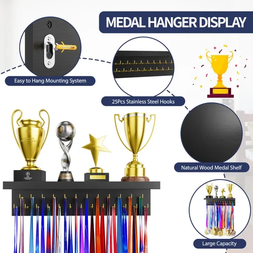 Miniatura 6 de Soporte para Medallas y Organizador de Estante para Trofeos, Soporte Robusto de Madera para Premios de Carreras con 25 Ganchos de Acero, Soporte