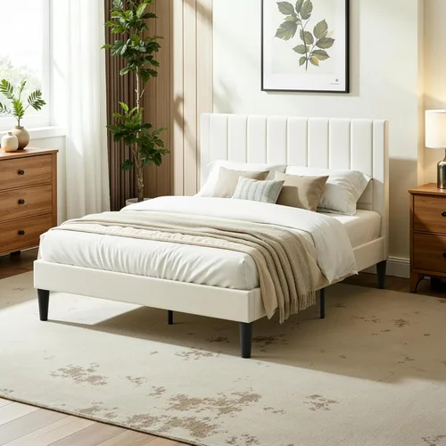 Miniatura 7 de IMUsee Base de cama tapizada de terciopelo de tamaño matrimonial con cabecero, listones de madera fuertes, somier opcional, base de colchón, fácil