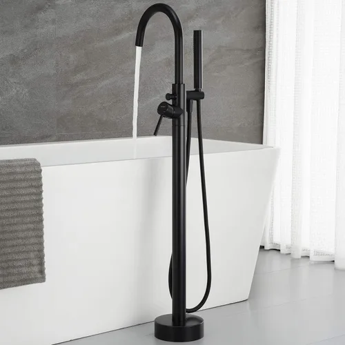 Miniatura 3 de Grifo de bañera independiente, grifos de llenado de bañera, color negro, mango único, montado en el piso con ducha de mano
