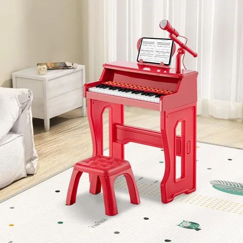 Miniatura 2 de HONEY JOY Piano para niños, piano de teclado rojo de 37 teclas para niños con soporte de música y banco, regalo para bebés con micrófono