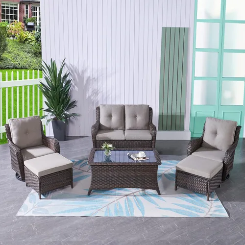 Miniatura 116 de HUMMUH Sillas Mecedoras Giratorias de Mimbre para Patio Exterior con Respaldo Alto, Sillas Deslizantes de Ratán PE, Juego de Muebles de Patio de 4
