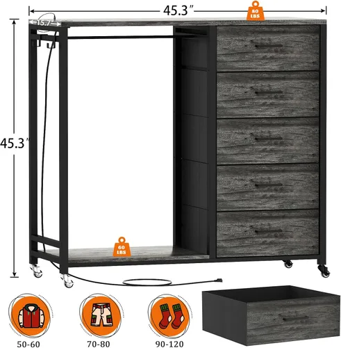Miniatura 3 de Cyclysio Cómoda con estante para colgar, 5 cajones de tela con perchero, cómoda de almacenamiento superior de madera con estación de carga y luces