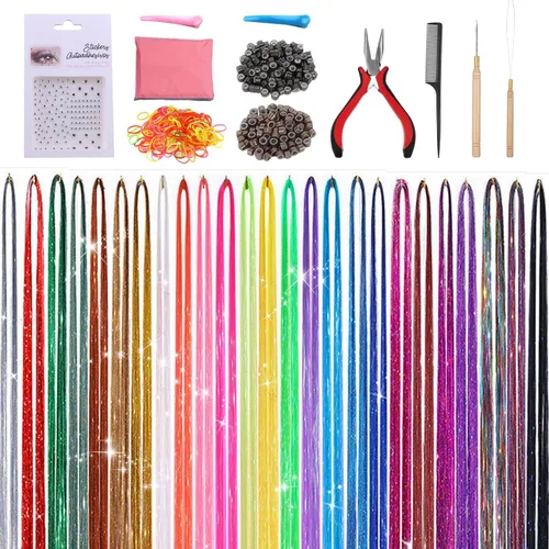 Extensión de cabello de oropel de 25 colores, resistente al calor con herramienta, 48 pulgadas, 6000 hebras, kit de extensión de pelo de hadas para