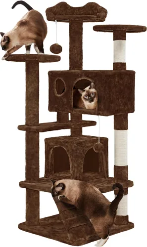 Yaheetech Torre de árbol para gatos de 54 pulgadas, mueble con poste rascador para gatitos, casa de mascotas para jugar Marrón