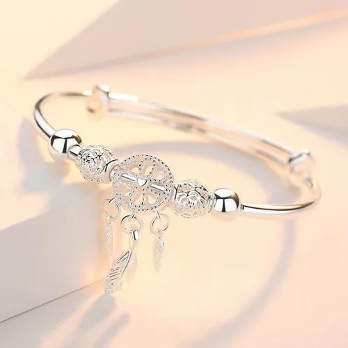 Miniatura 2 de Pulsera de plata de ley 925 hecha a mano vintage con atrapasueños, pulsera ajustable tallada para regalo para mujeres en cumpleaños, aniversarios