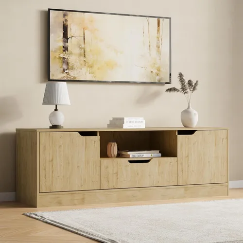 Miniatura 9 de Housoul Soporte de TV para TV de 55/60/65 pulgadas, centro de entretenimiento con 2 puertas y cajón, consola de TV multimedia con gabinete de Negro