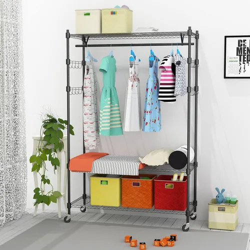 Miniatura 2 de Perchero de ropa resistente, perchero ajustable con estantes, armario independiente, 1 barra para colgar ropa, 3 estantes de alambre cansados, 4