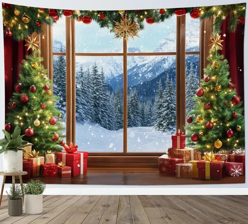 Miniatura 4 de LB Tapiz de Navidad de invierno, ventana de invierno exterior, pino nevado en bosque, tapiz de pared para dormitorio, paisaje de montaña, arte