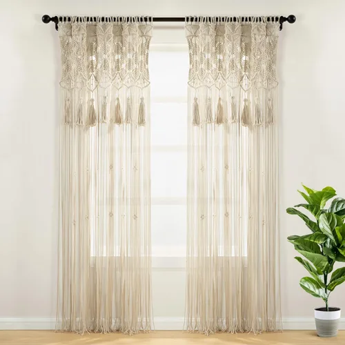 Lush Decor Panel Individual de Cortina de Ventana de Algodón con Borlas de Macramé Boho 40" An x 84" L Neutro - Cortinas de Macramé para Ventanas -