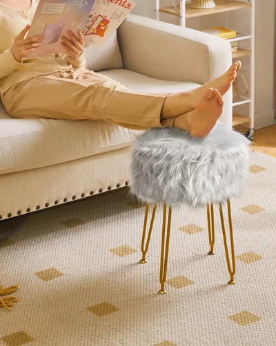 Miniatura 9 de IBUYKE Taburete de Vanidad Redondo de Piel Sintética con Almacenamiento, Silla Otomana de Maquillaje Peluda, Asiento Acolchado Suave, Reposapiés