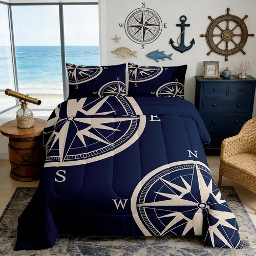 Miniatura 29 de Juego de edredón de brújula azul marino, tamaño individual, 2 piezas, diseño náutico de vela, estilo simple, para niños, adolescentes, adultos