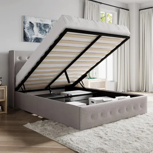 SHA CERLIN Base de cama tamaño queen con almacenamiento elevado, cabecero abatible con botón, plataforma tapizada, almacenamiento hidráulico, Beige